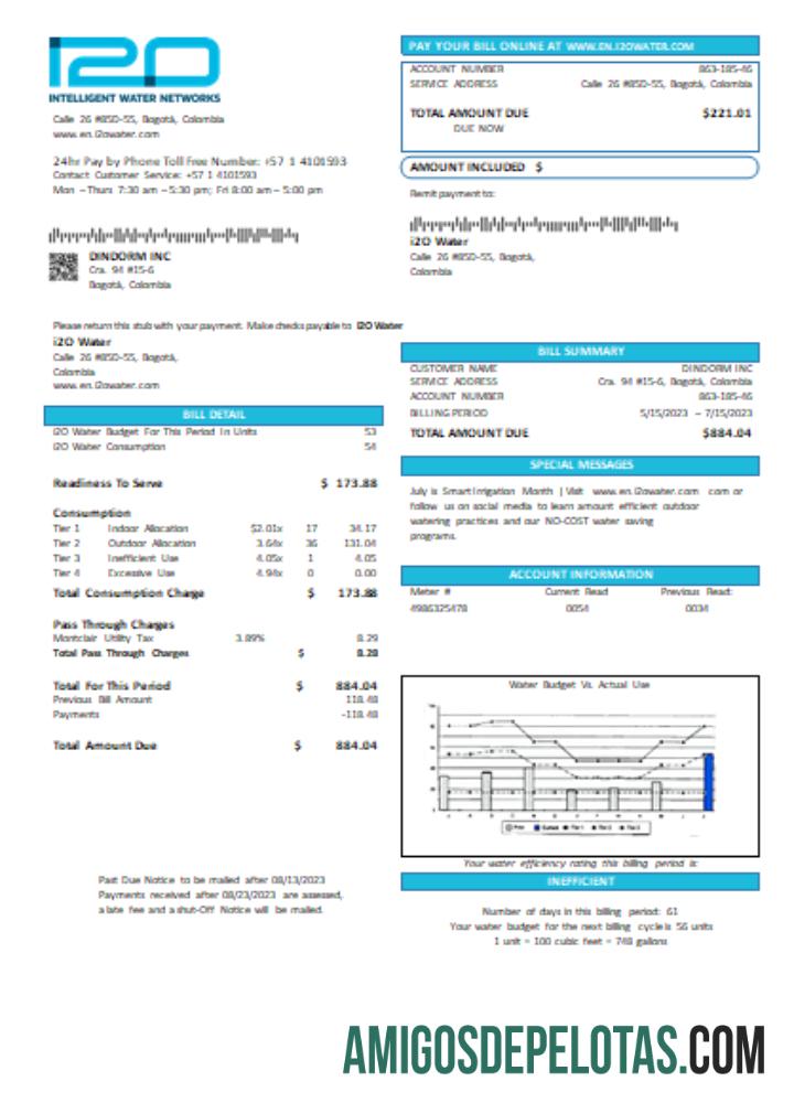Projeto de lei de serviços públicos da I2O Water (Colômbia), SCR exemplo real